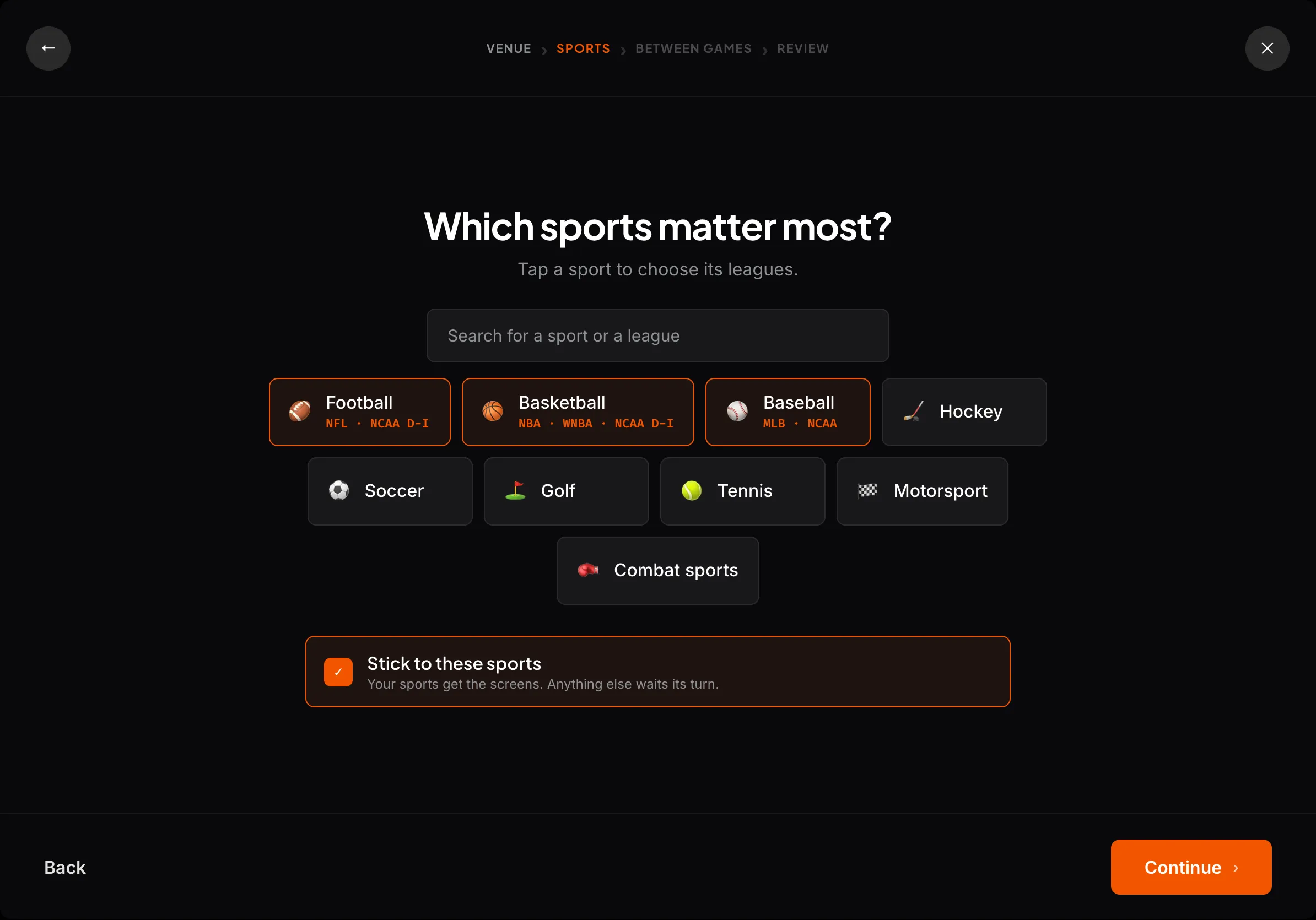 The rebuilt sports screen, nine sport chips each carrying a subtitle naming the leagues chosen inside it, such as Football with NFL and NCAA D-I.