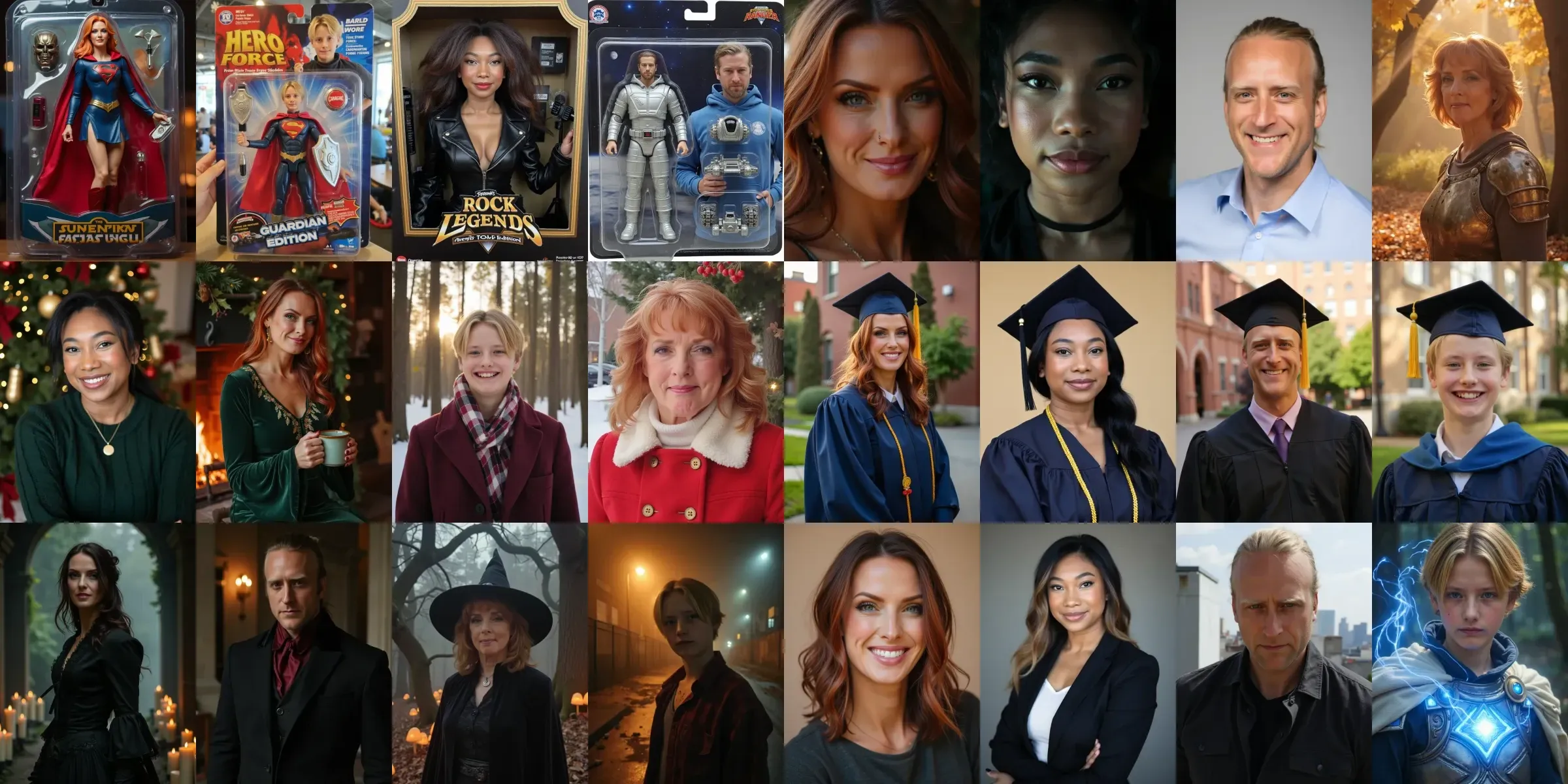 Twenty-four finished images from six landing pages, the same handful of characters recurring across every topic.