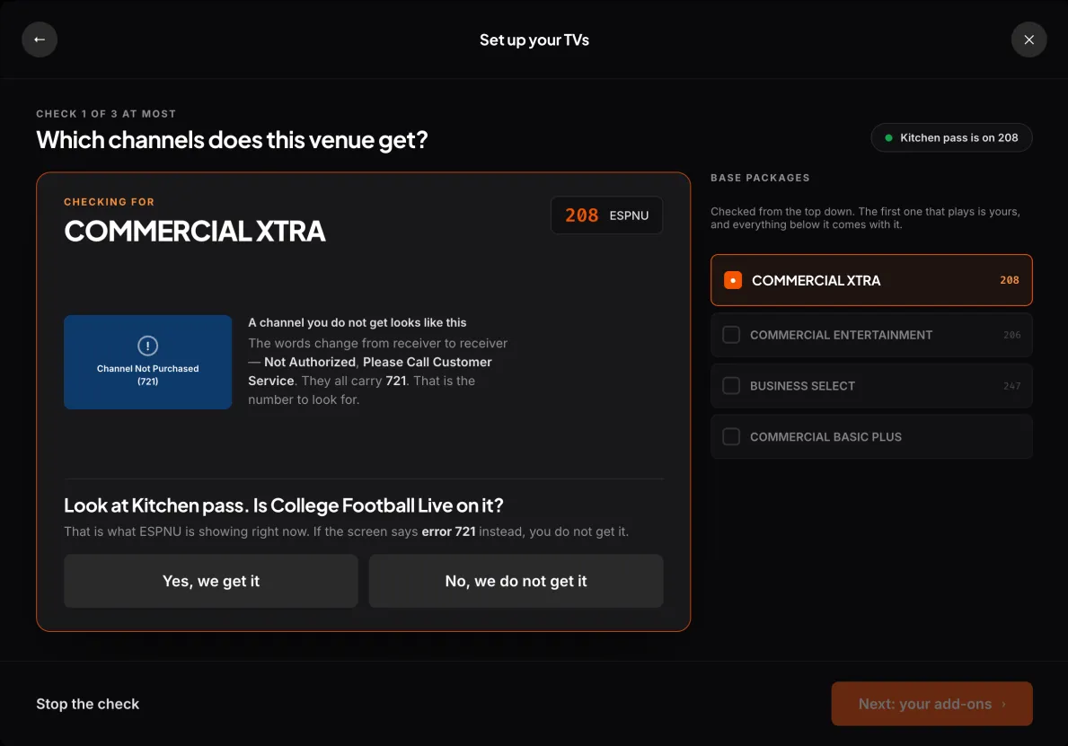 A tablet screen headed Which channels does this venue get, marked check one of three at most, tuning one named TV to channel 208 and showing what an unavailable channel looks like, with Yes and No answers beneath.