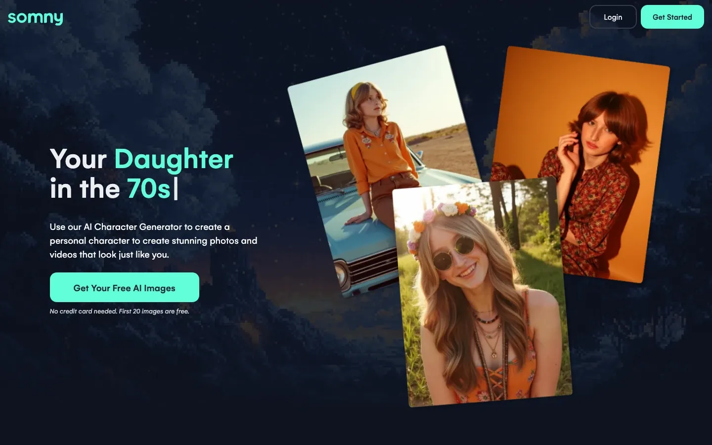The Somny home page, a pixel-art night sky behind the product's own headline.