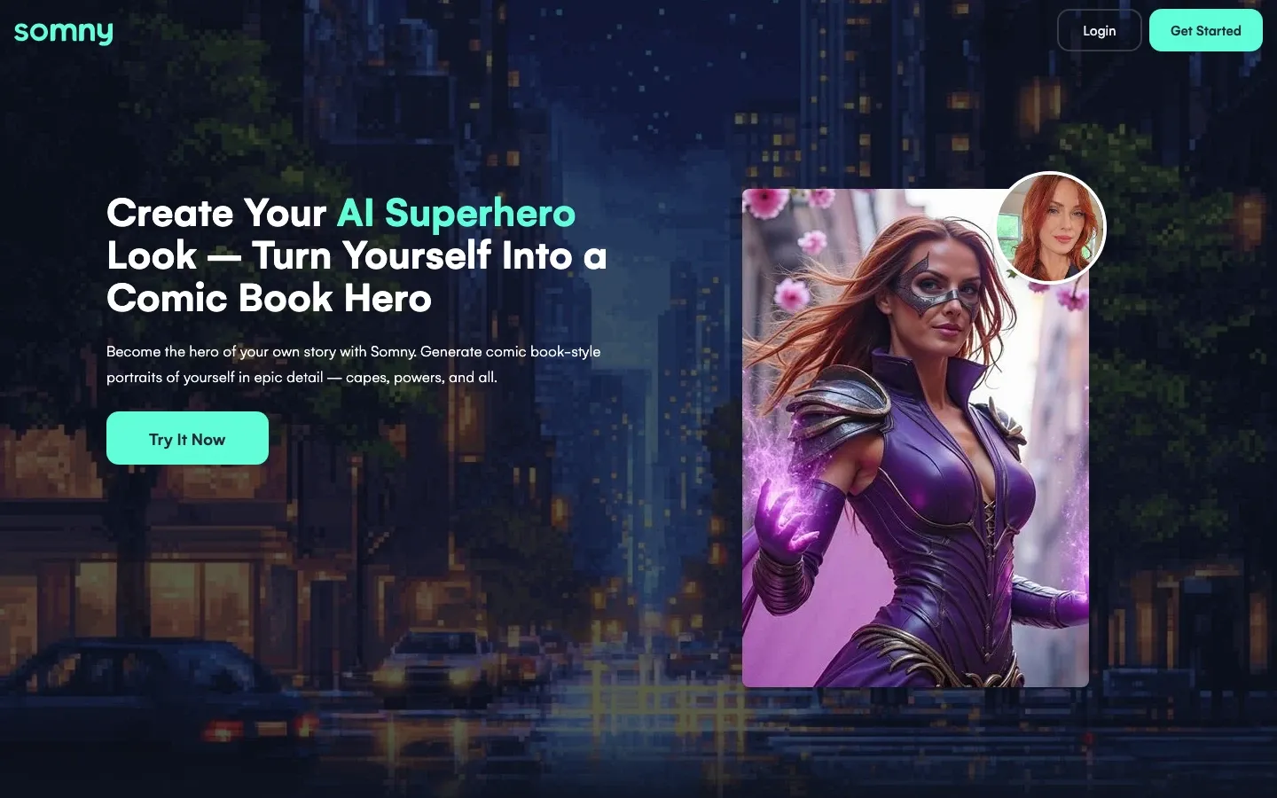 A live Somny marketing page for superhero portraits.
