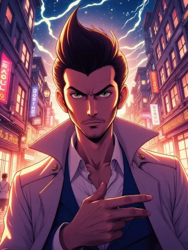 A portrait in the anime style, flat cel shading and saturated color.