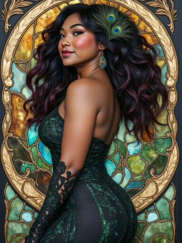 A portrait in the art nouveau style, ornamental border and flowing organic line work.