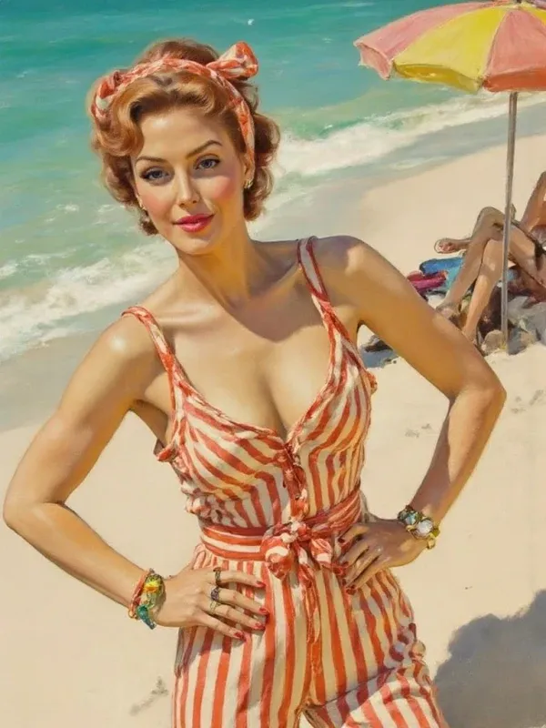 A portrait in the mid-century modern style, pastel palette and period styling.