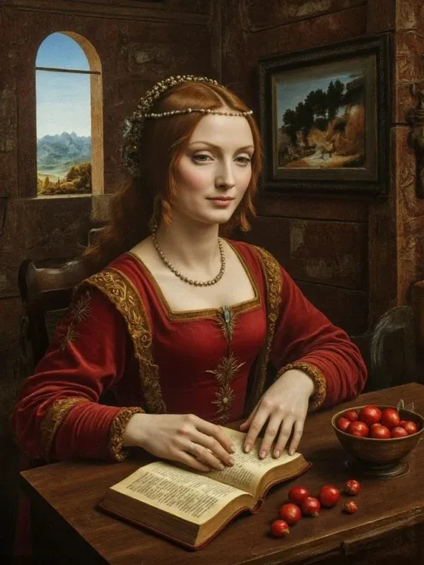 A portrait in the renaissance style, oil paint handling and warm directional light.