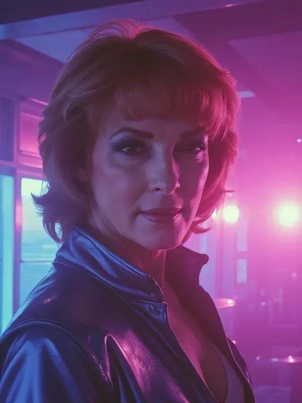 A portrait in the retro thunder style, neon rim light against a night city.