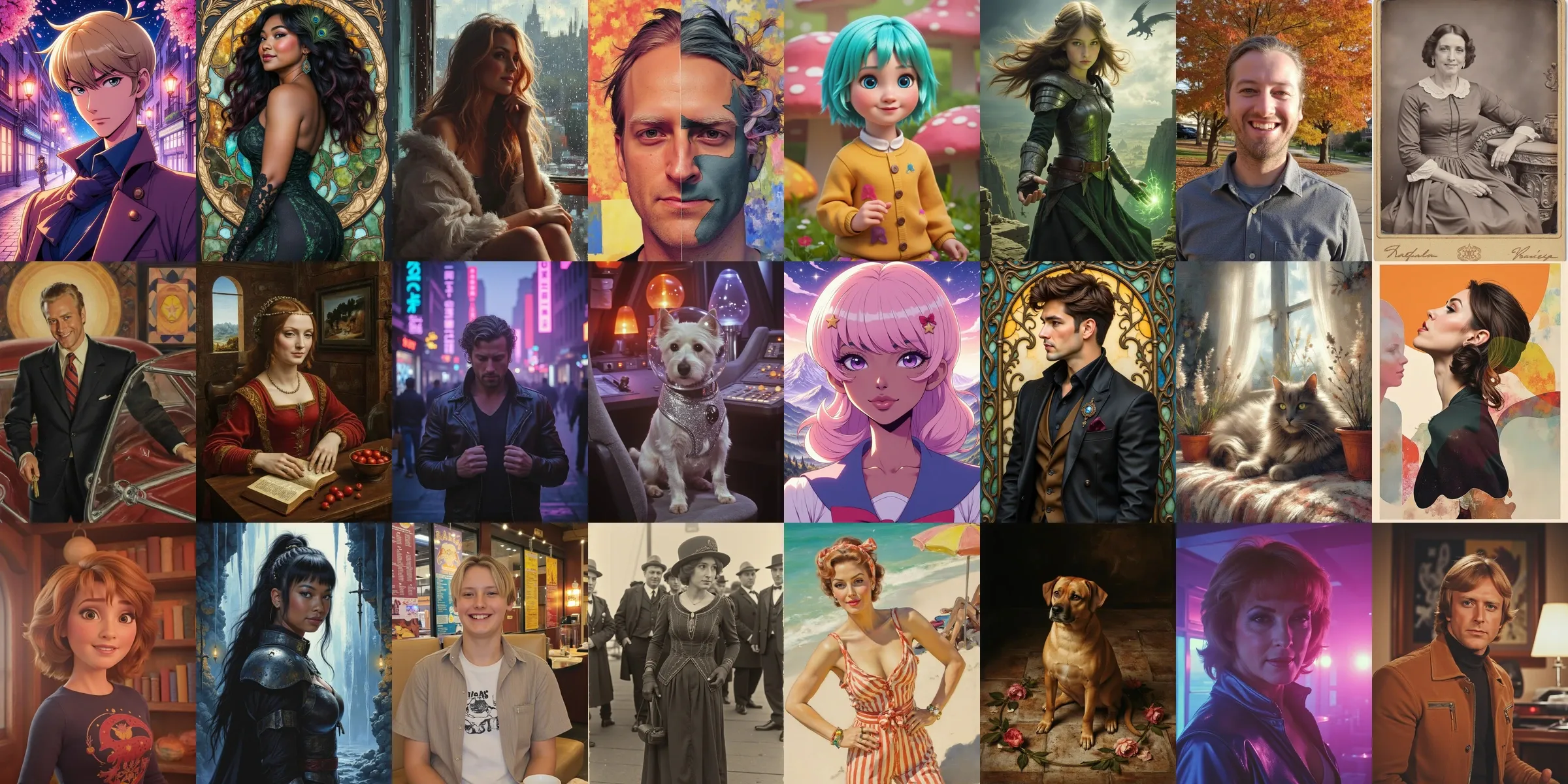 A grid of portraits of the same few people and pets, each rendered in a different visual style.