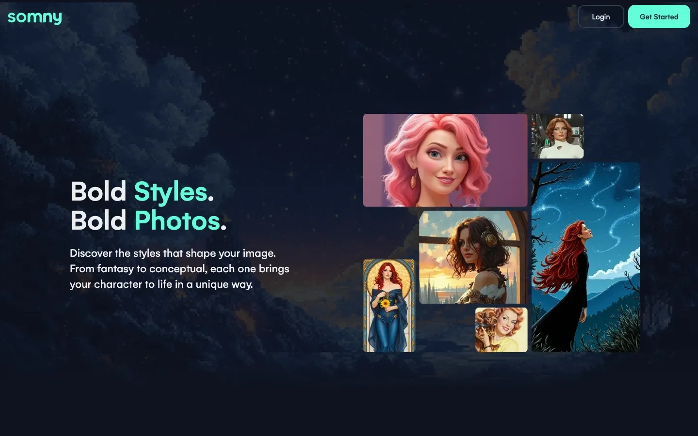 The styles page on somny.com, headed "Bold Styles. Bold Photos.", with an offset collage of portraits in six different styles.